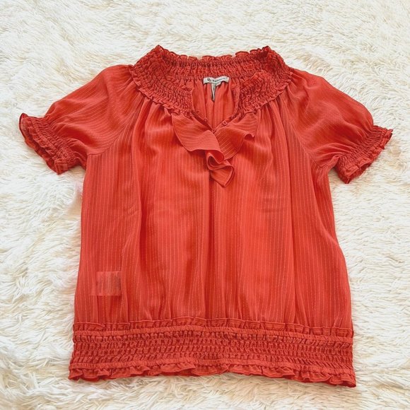 BCbgeneration Womens Top Small Orange Ruffle Neck Sheer Boho Beach Coastal 15183 - Picture 1 of 8